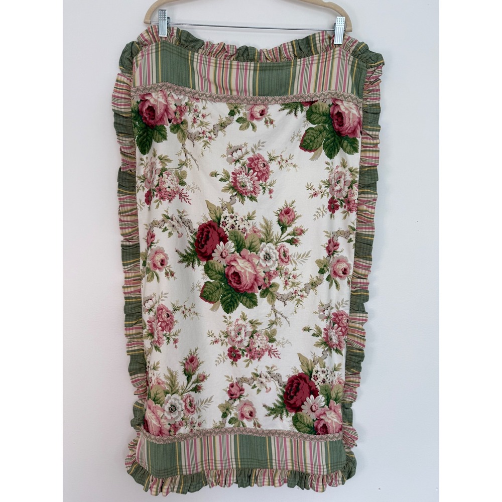 One Vintage Waverly King Size Pillow Sham Pink Green Floral Stripes Ruffles